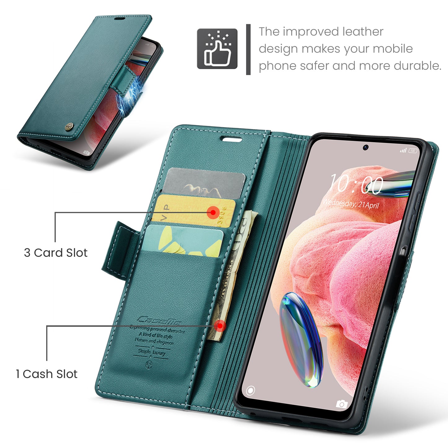 Caseme Leather Case for Xiaomi Redmi Note 12 4G RFID Blocking Phone Cover with Stand Wallet - Green