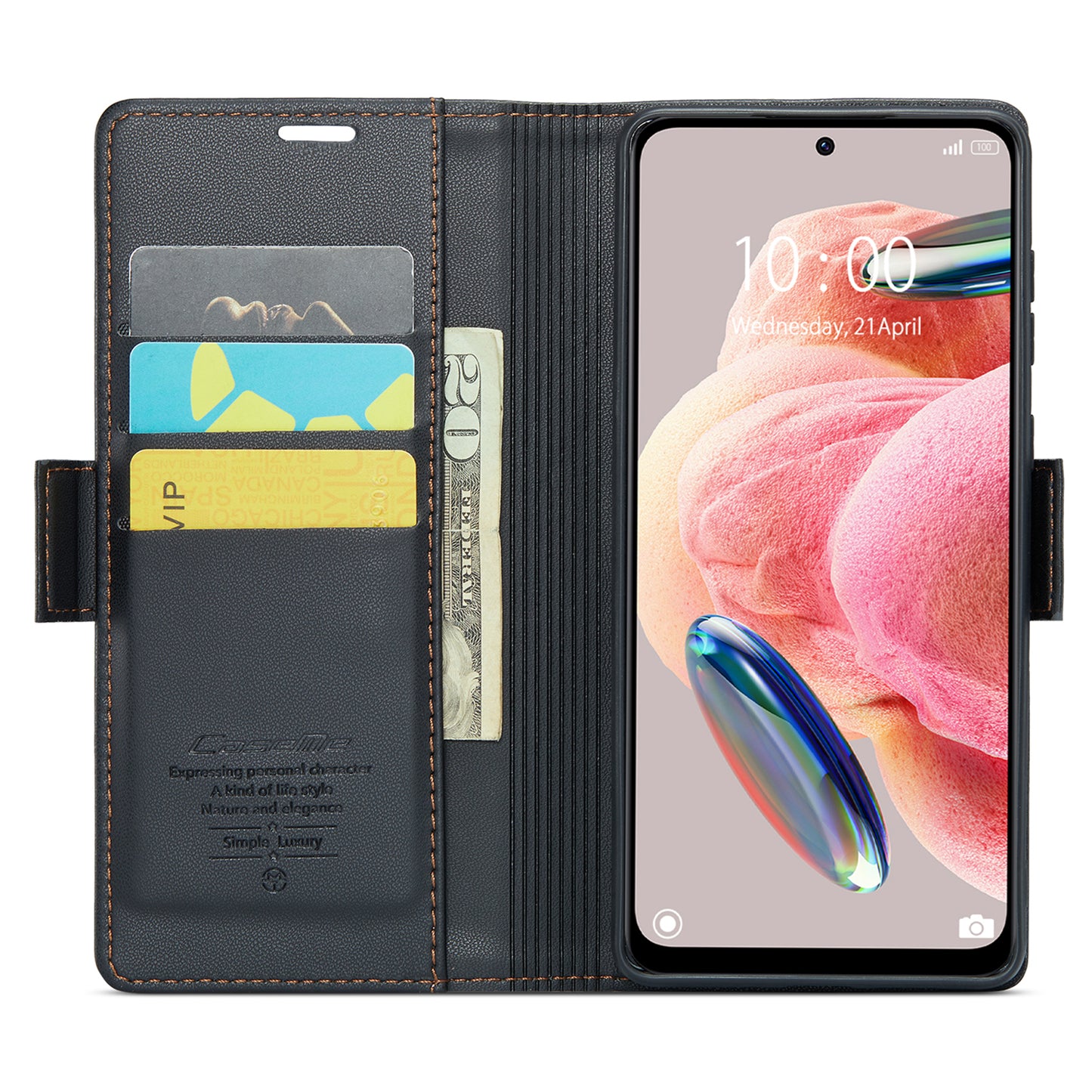 Caseme Leather Case for Xiaomi Redmi Note 12 4G RFID Blocking Phone Cover with Stand Wallet - Black