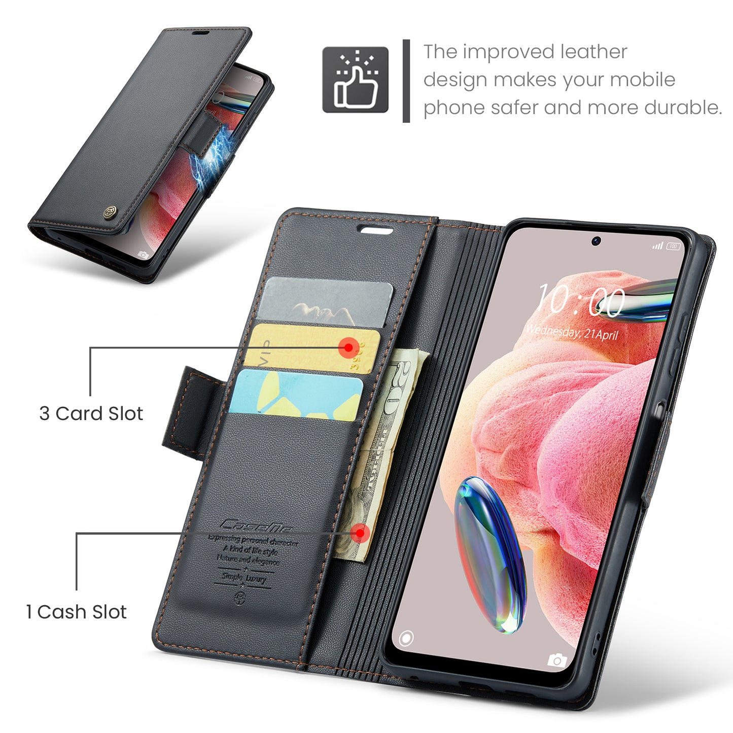 Caseme Leather Case for Xiaomi Redmi Note 12 4G RFID Blocking Phone Cover with Stand Wallet - Black