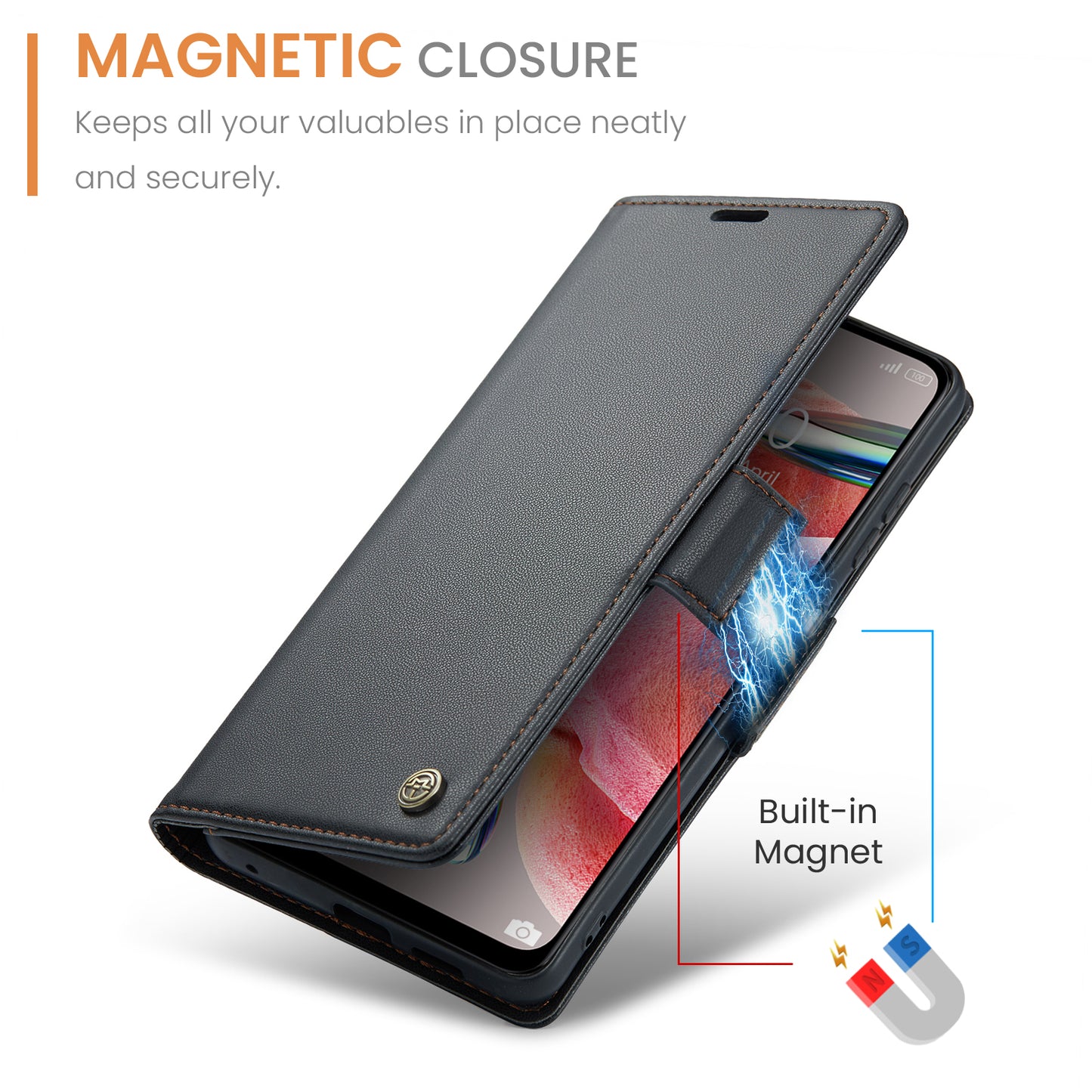 Caseme Leather Case for Xiaomi Redmi Note 12 4G RFID Blocking Phone Cover with Stand Wallet - Black