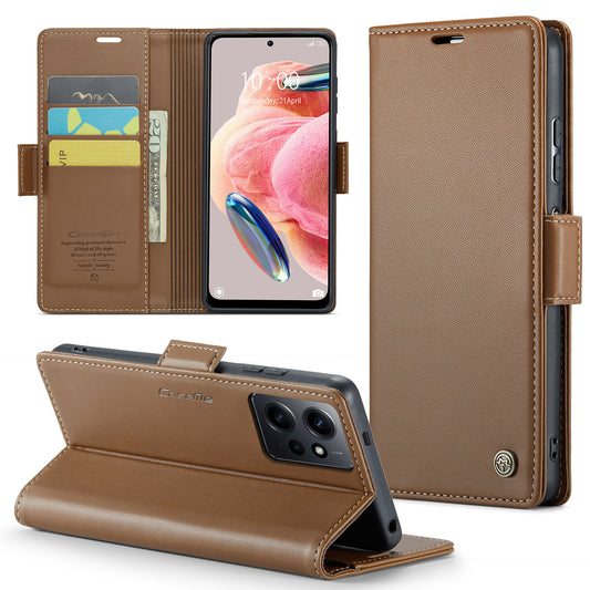 Caseme Leather Case for Xiaomi Redmi Note 12 4G RFID Blocking Phone Cover with Stand Wallet - Brown