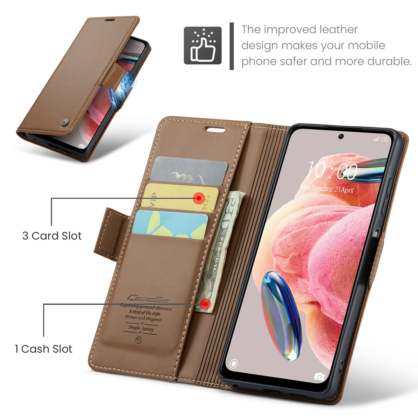 Caseme Leather Case for Xiaomi Redmi Note 12 4G RFID Blocking Phone Cover with Stand Wallet - Brown