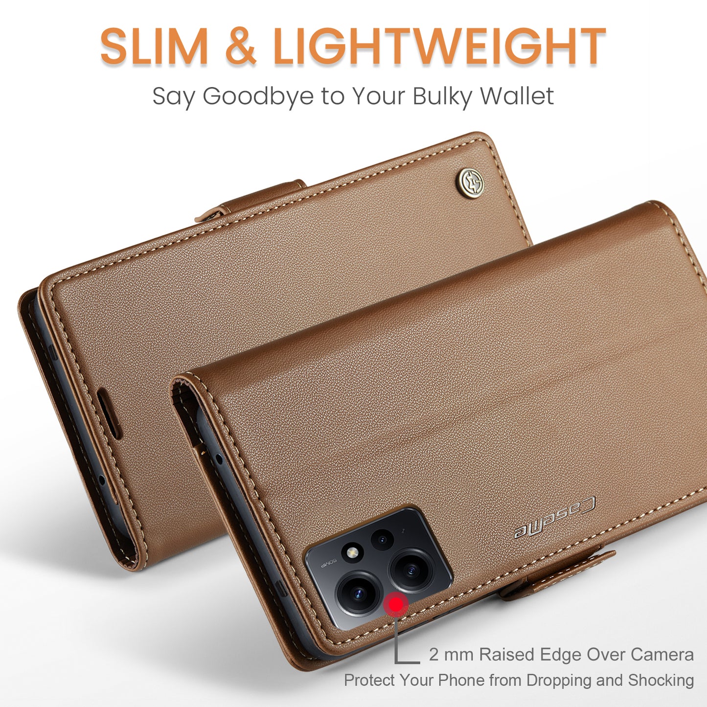 Caseme Leather Case for Xiaomi Redmi Note 12 4G RFID Blocking Phone Cover with Stand Wallet - Brown