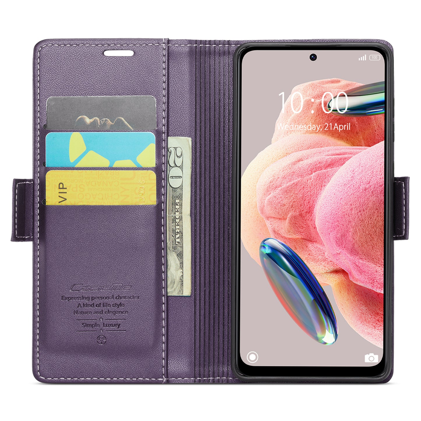 Caseme Leather Case for Xiaomi Redmi Note 12 4G RFID Blocking Phone Cover with Stand Wallet - Purple