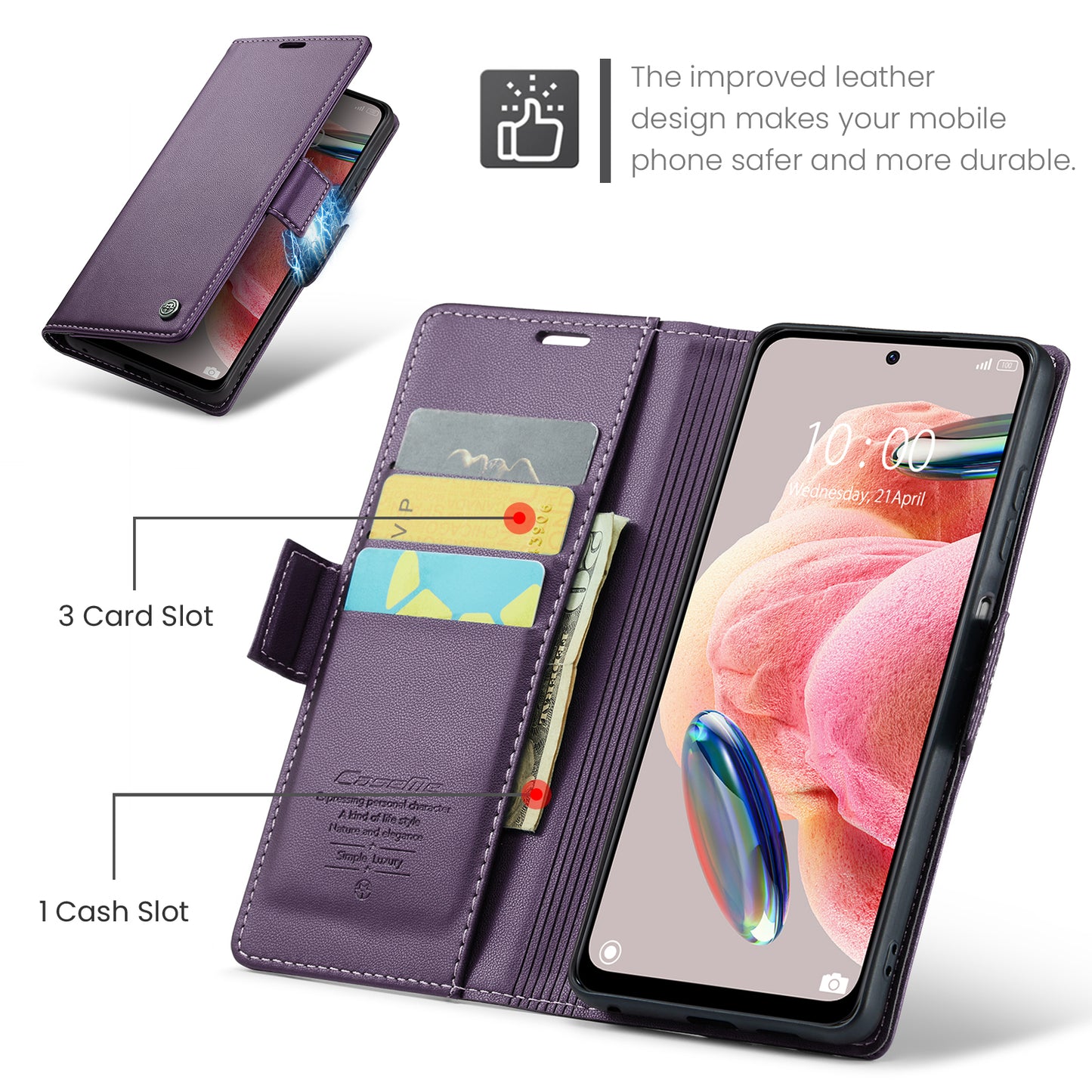 Caseme Leather Case for Xiaomi Redmi Note 12 4G RFID Blocking Phone Cover with Stand Wallet - Purple
