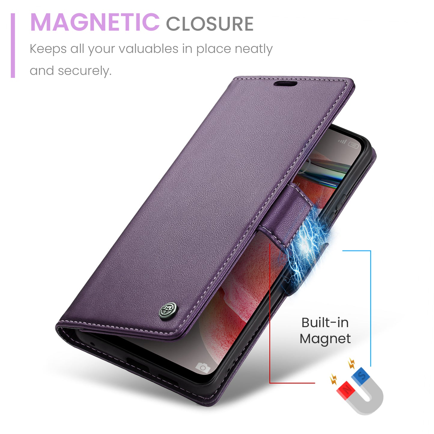 Caseme Leather Case for Xiaomi Redmi Note 12 4G RFID Blocking Phone Cover with Stand Wallet - Purple