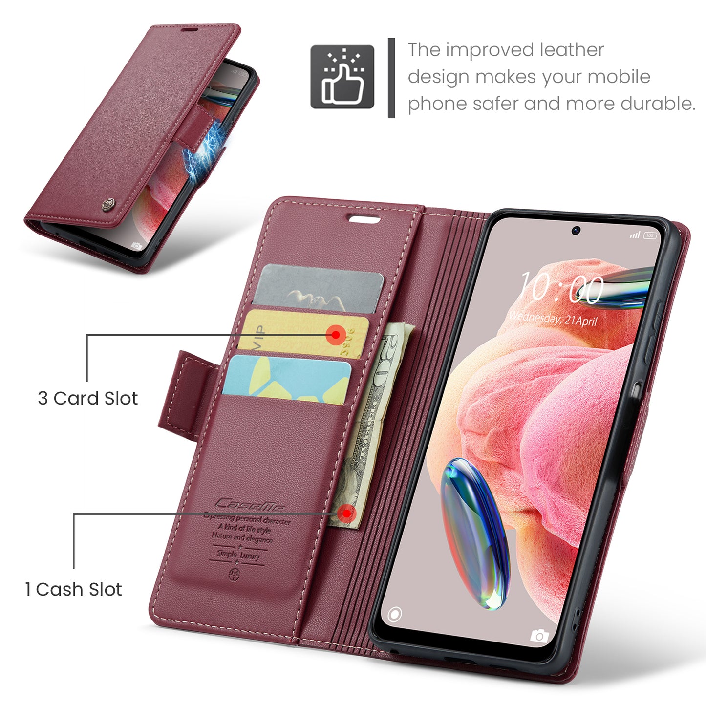 Caseme Leather Case for Xiaomi Redmi Note 12 4G RFID Blocking Phone Cover with Stand Wallet - Red