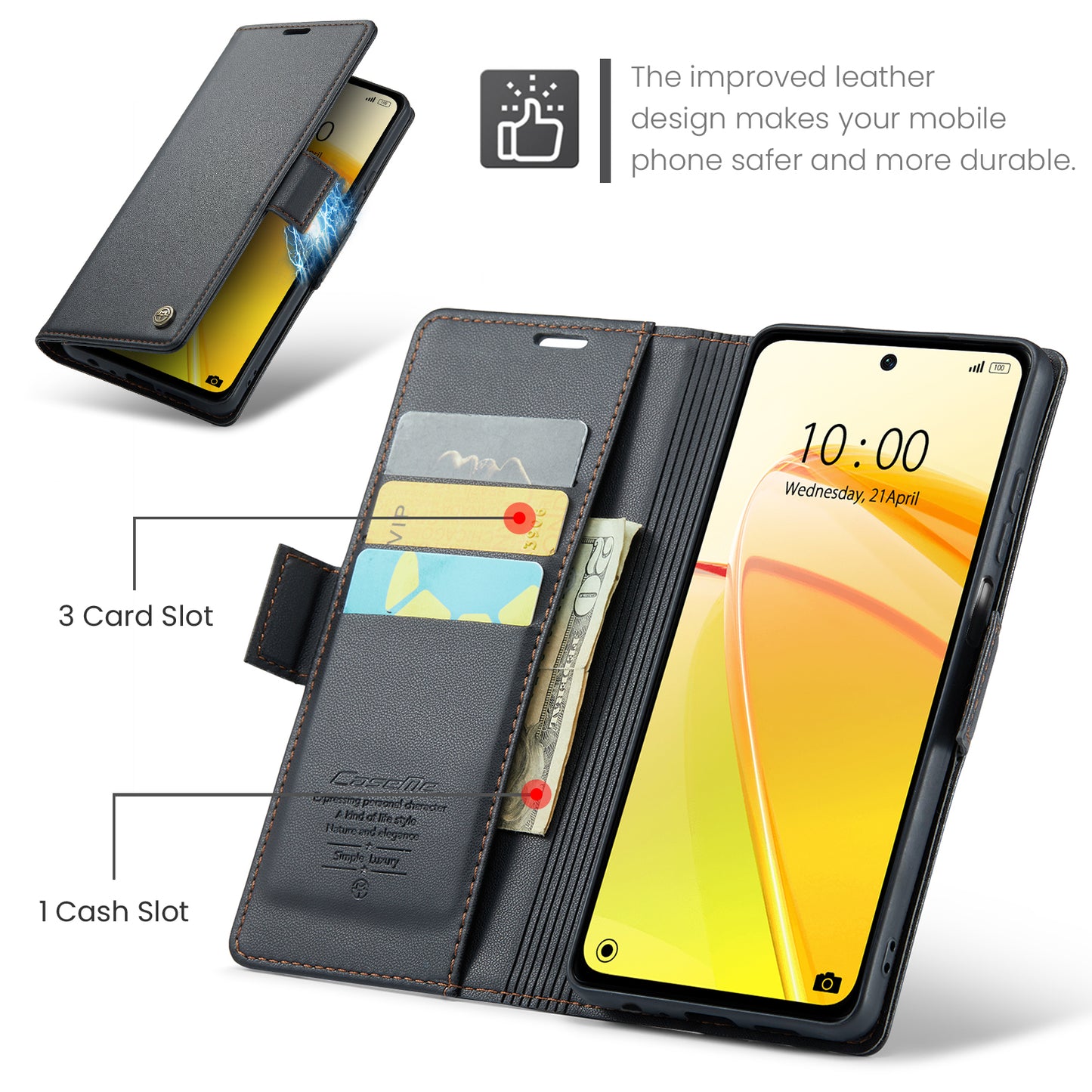 Caseme RFID Blocking Leather Case for Realme C55 , Wallet Stand Anti-drop Phone Cover - Black