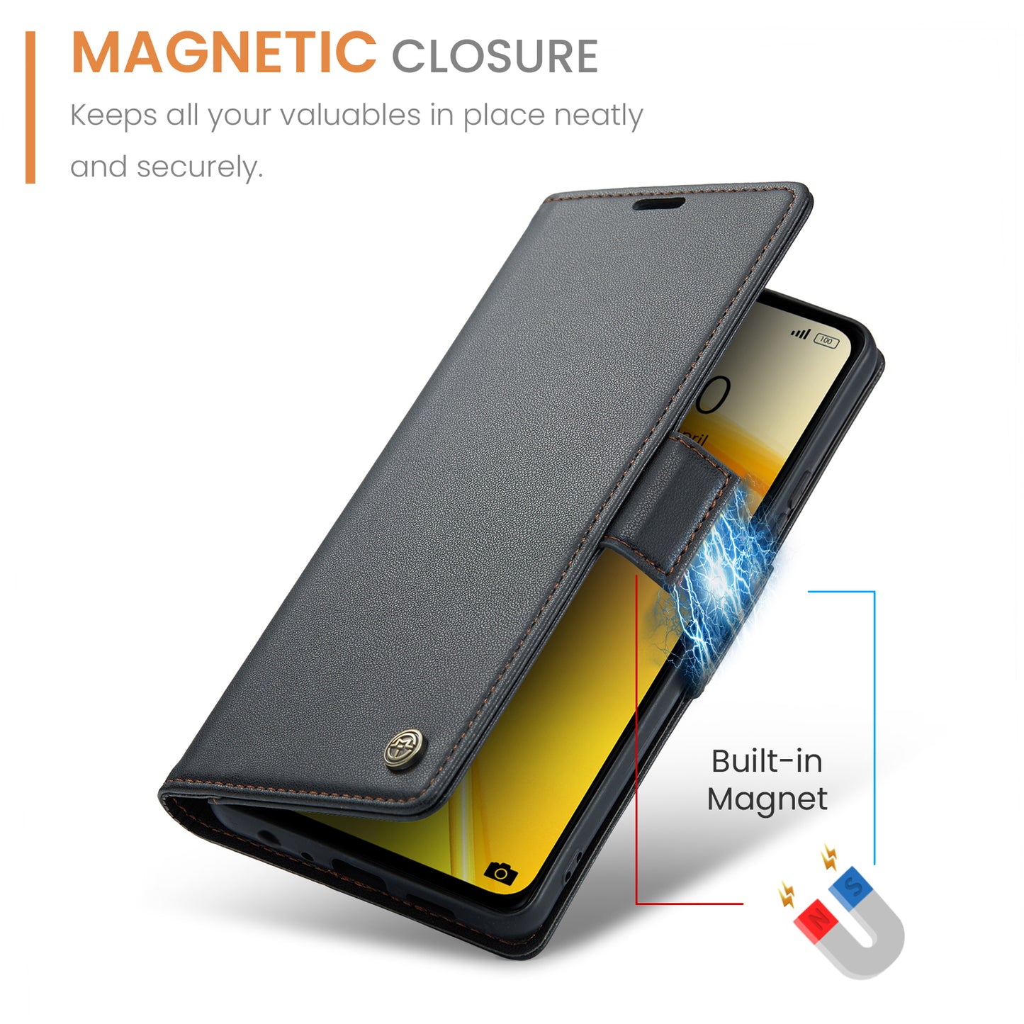 Caseme RFID Blocking Leather Case for Realme C55 , Wallet Stand Anti-drop Phone Cover - Black