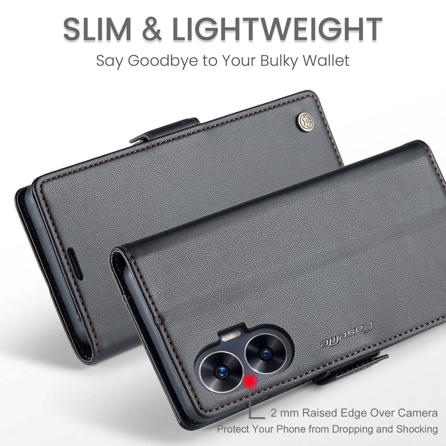Caseme RFID Blocking Leather Case for Realme C55 , Wallet Stand Anti-drop Phone Cover - Black