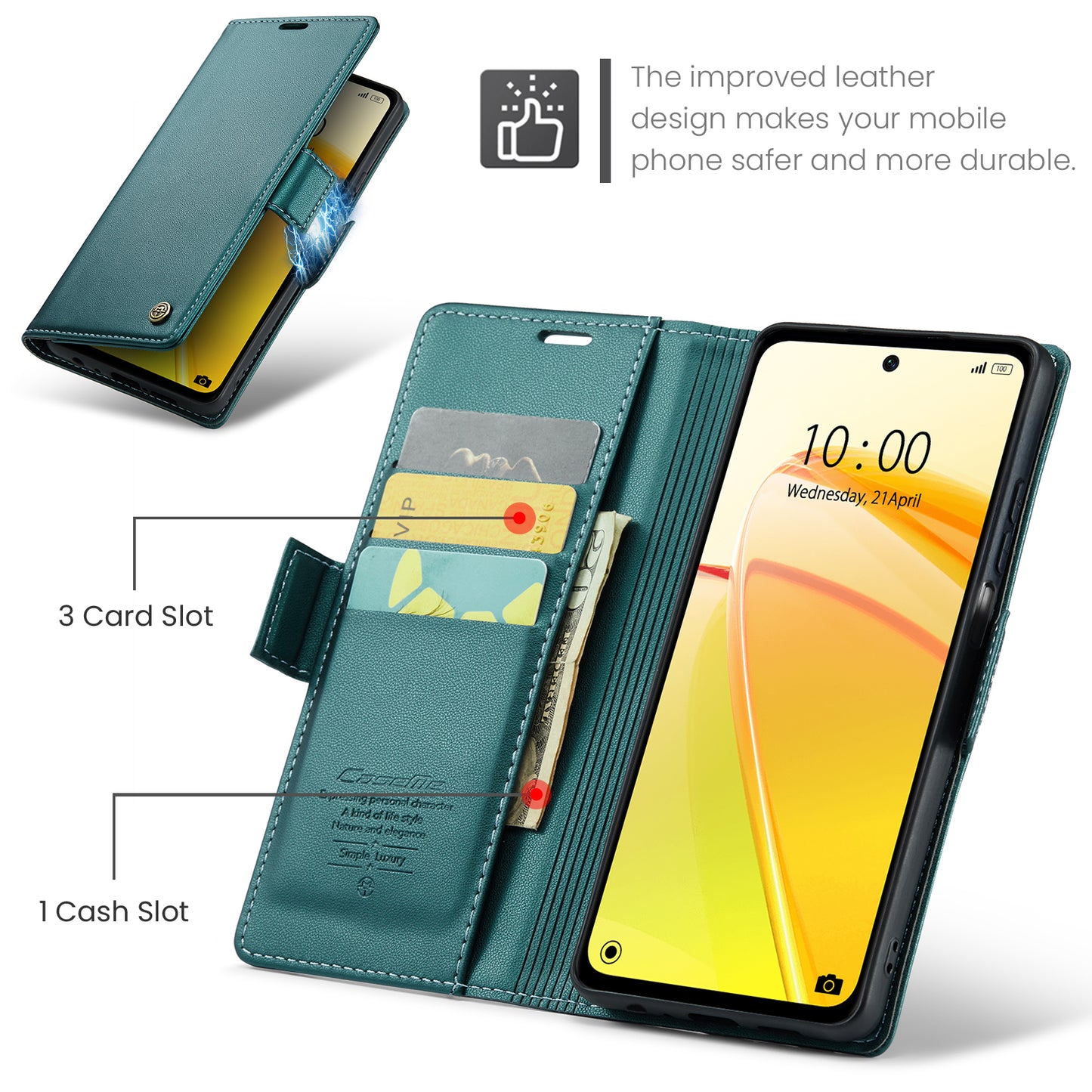 Caseme RFID Blocking Leather Case for Realme C55 , Wallet Stand Anti-drop Phone Cover - Green