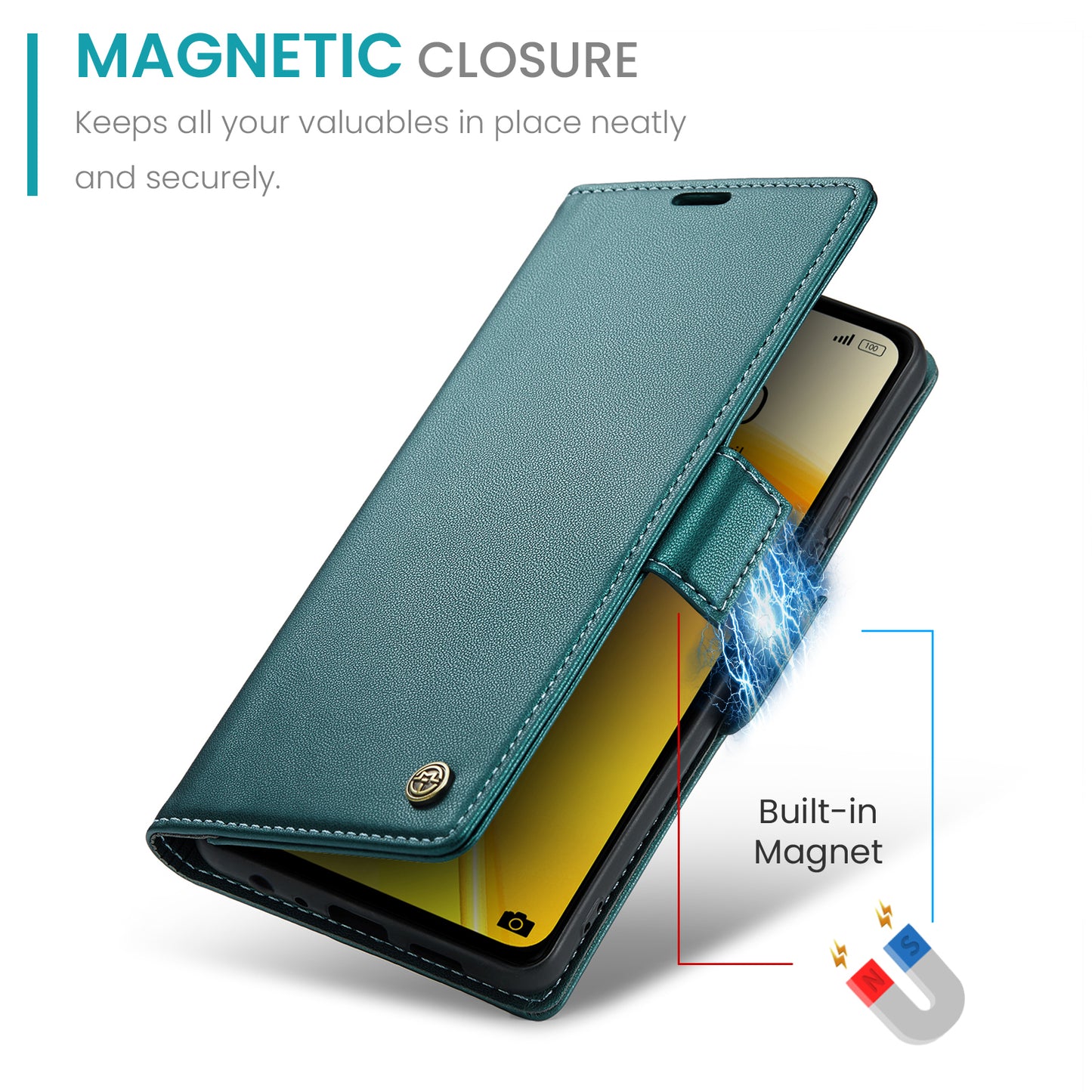 Caseme RFID Blocking Leather Case for Realme C55 , Wallet Stand Anti-drop Phone Cover - Green