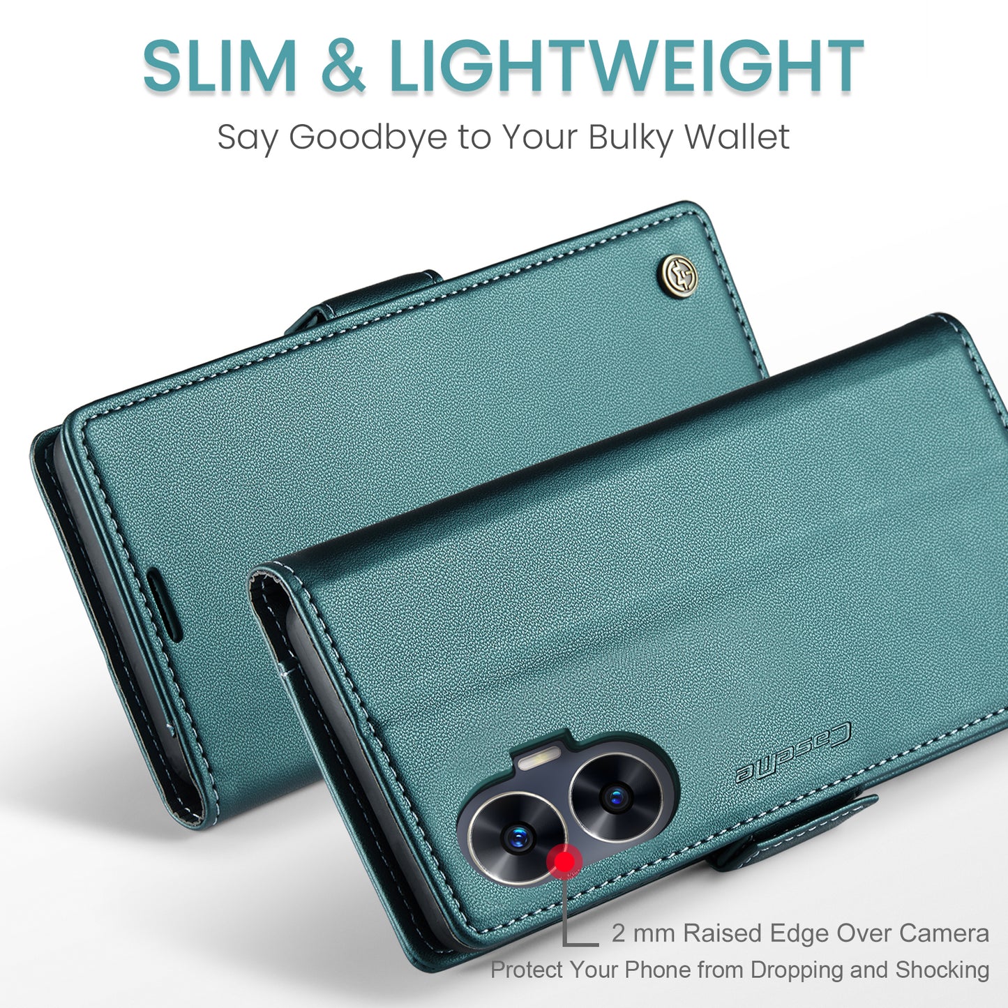 Caseme RFID Blocking Leather Case for Realme C55 , Wallet Stand Anti-drop Phone Cover - Green