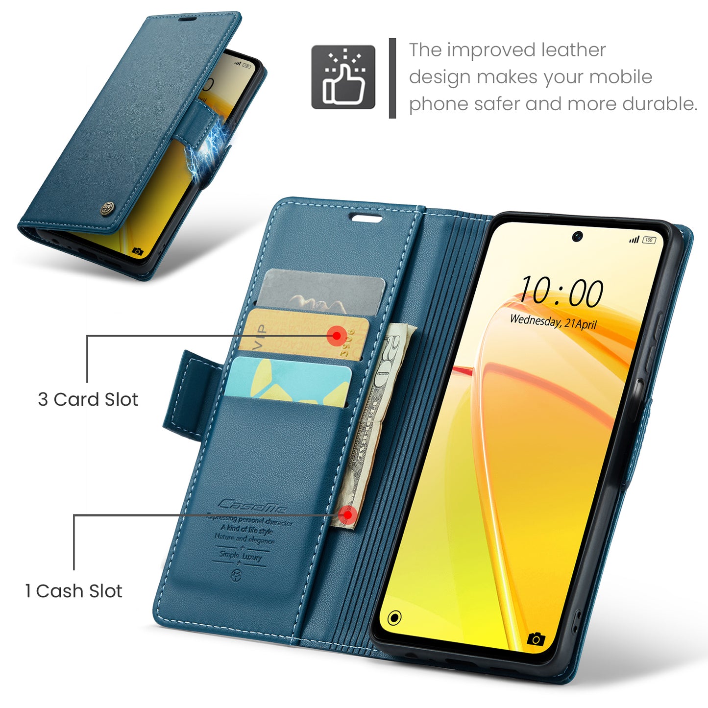 Caseme RFID Blocking Leather Case for Realme C55 , Wallet Stand Anti-drop Phone Cover - Blue