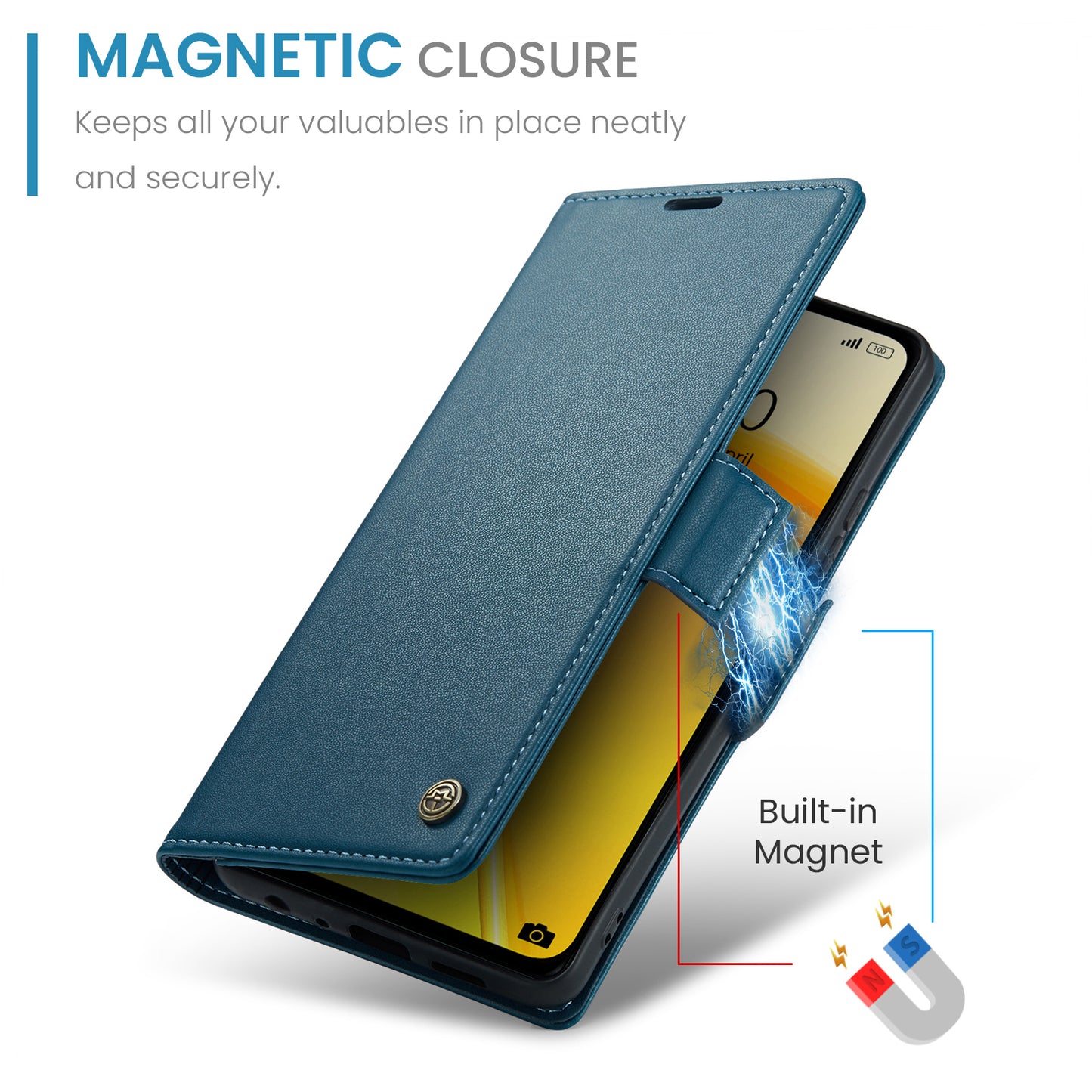 Caseme RFID Blocking Leather Case for Realme C55 , Wallet Stand Anti-drop Phone Cover - Blue