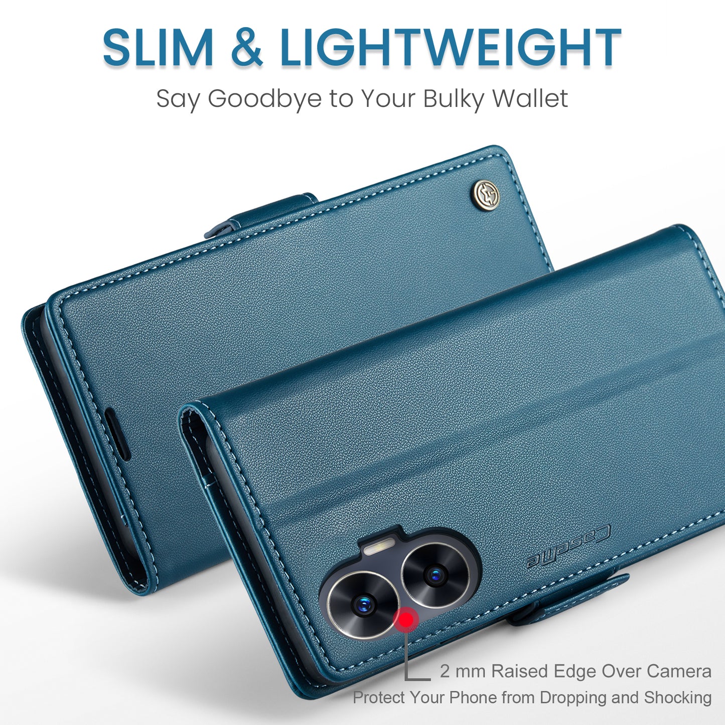 Caseme RFID Blocking Leather Case for Realme C55 , Wallet Stand Anti-drop Phone Cover - Blue