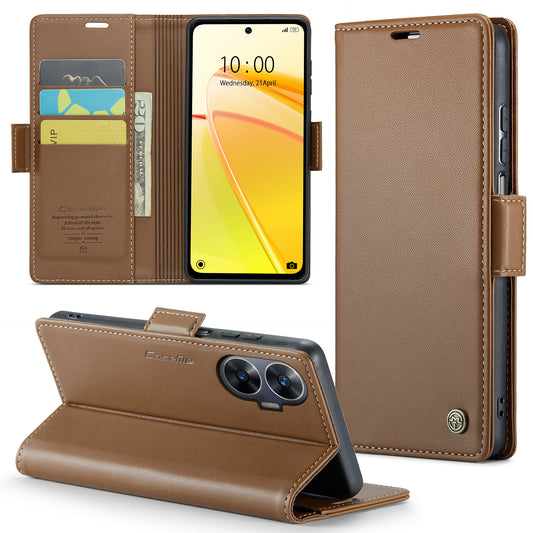 Caseme RFID Blocking Leather Case for Realme C55 , Wallet Stand Anti-drop Phone Cover - Brown