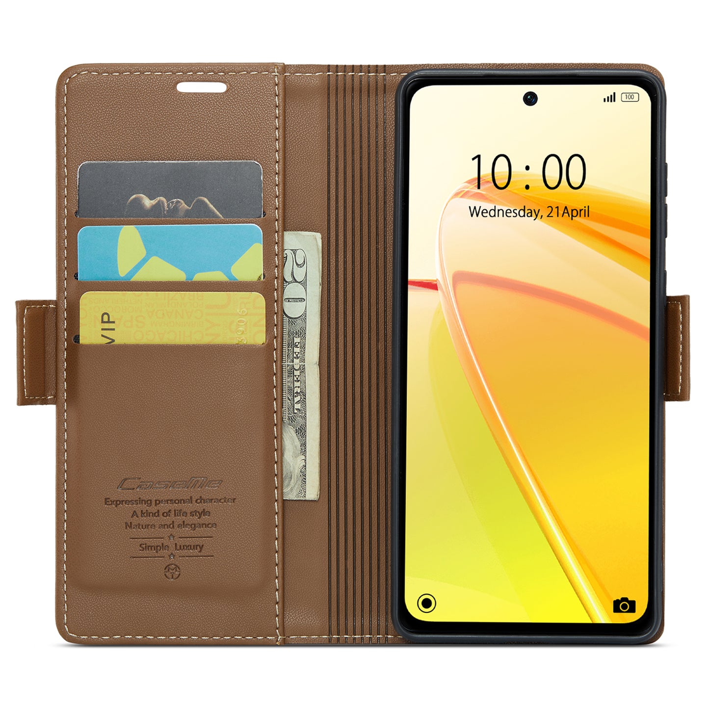 Caseme RFID Blocking Leather Case for Realme C55 , Wallet Stand Anti-drop Phone Cover - Brown