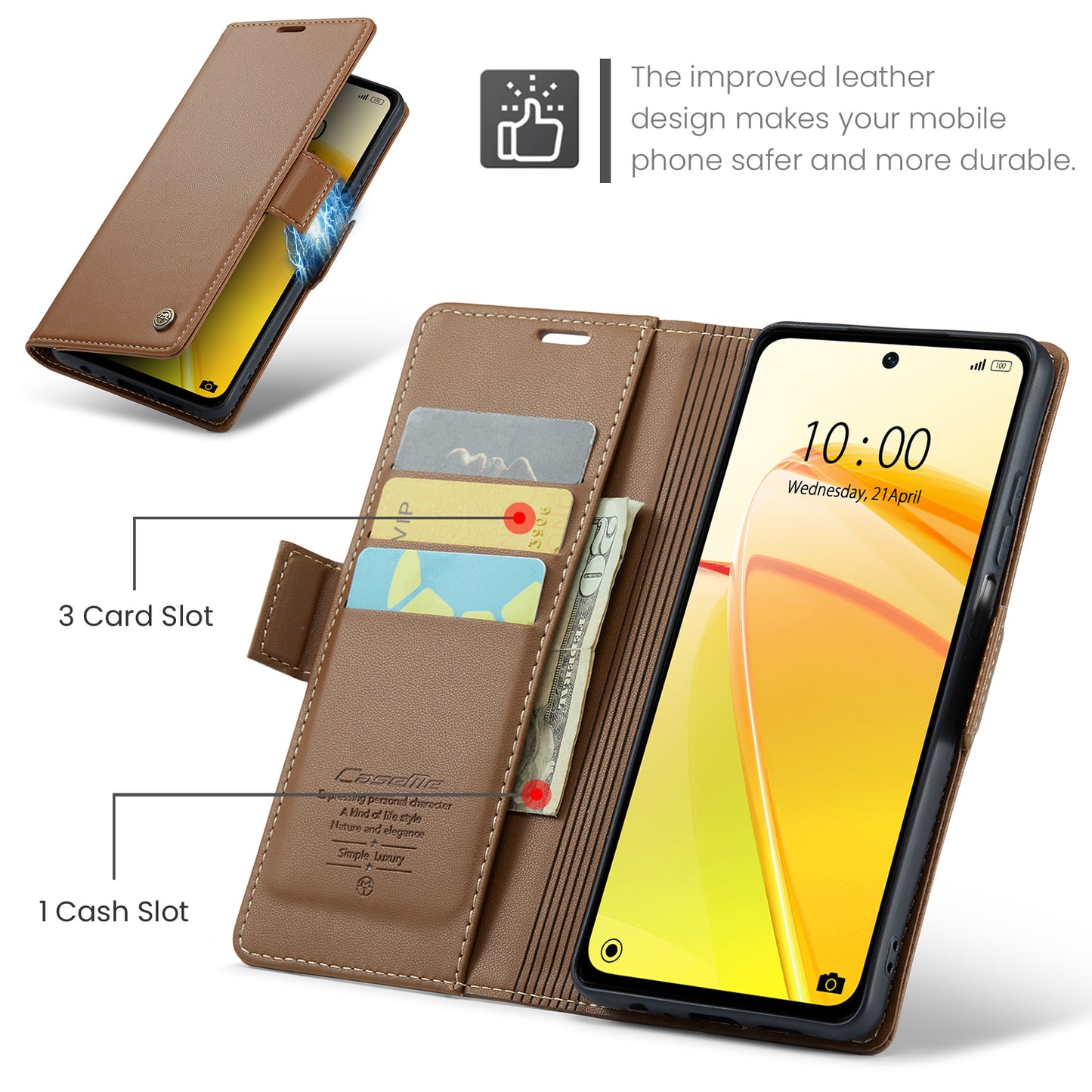 Caseme RFID Blocking Leather Case for Realme C55 , Wallet Stand Anti-drop Phone Cover - Brown