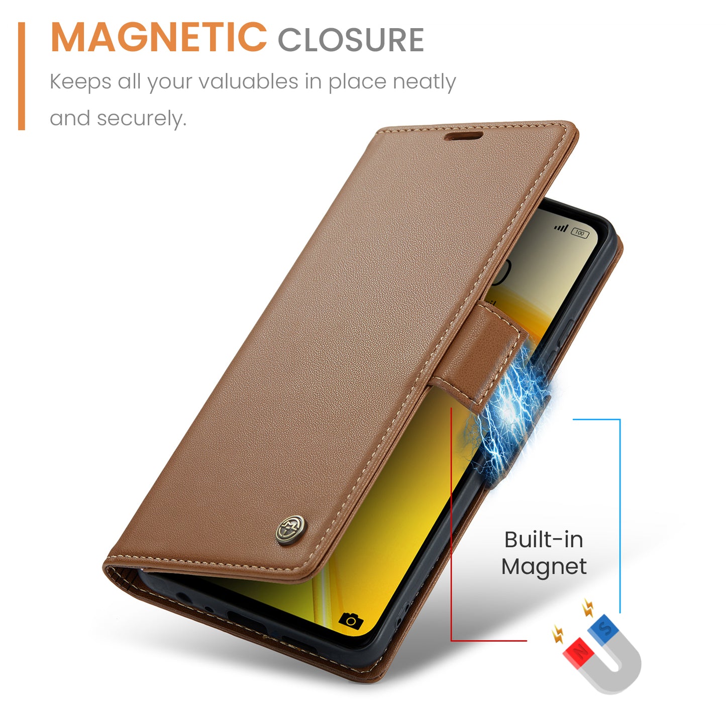 Caseme RFID Blocking Leather Case for Realme C55 , Wallet Stand Anti-drop Phone Cover - Brown