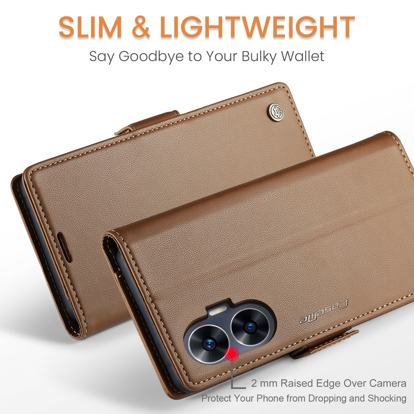Caseme RFID Blocking Leather Case for Realme C55 , Wallet Stand Anti-drop Phone Cover - Brown