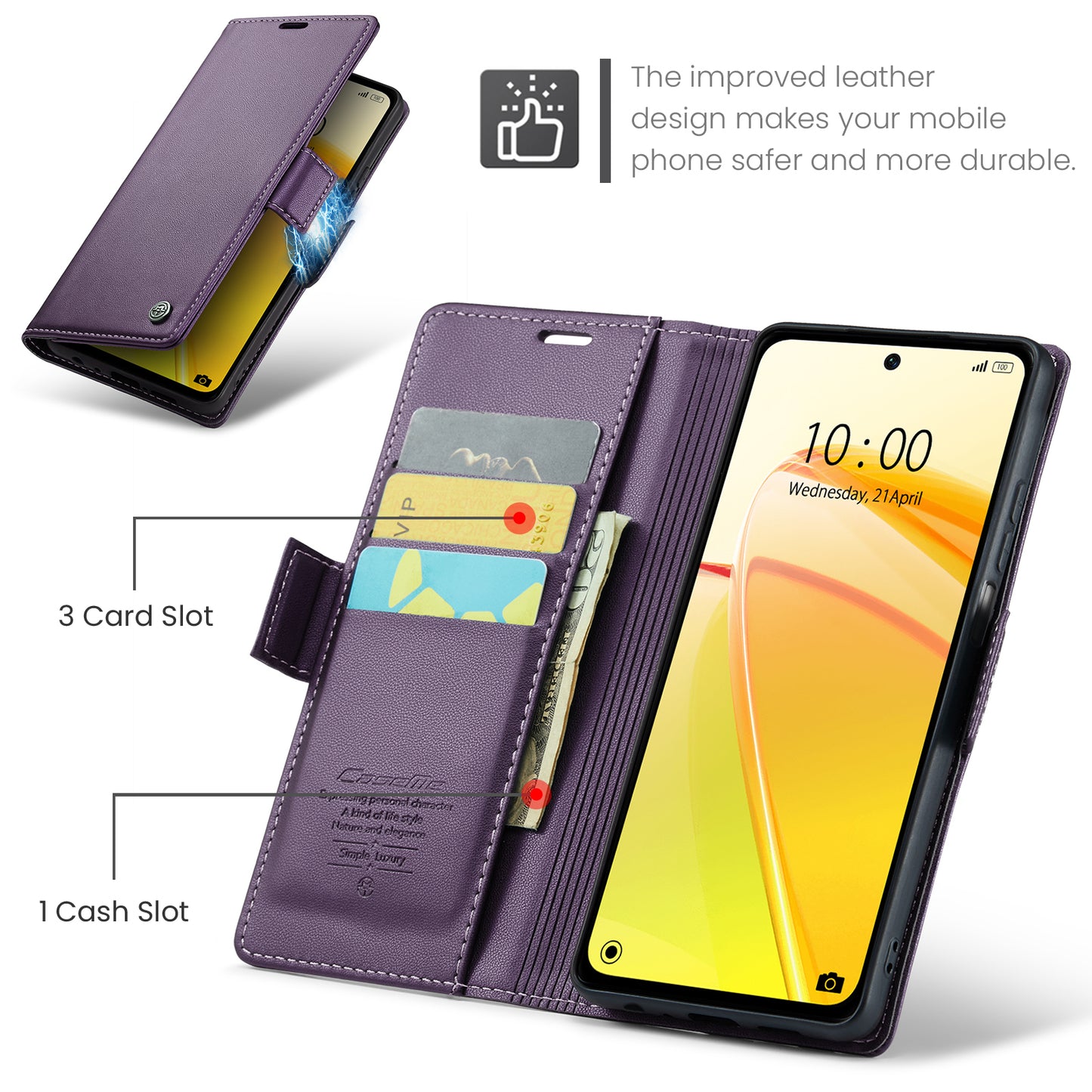 Caseme RFID Blocking Leather Case for Realme C55 , Wallet Stand Anti-drop Phone Cover - Purple
