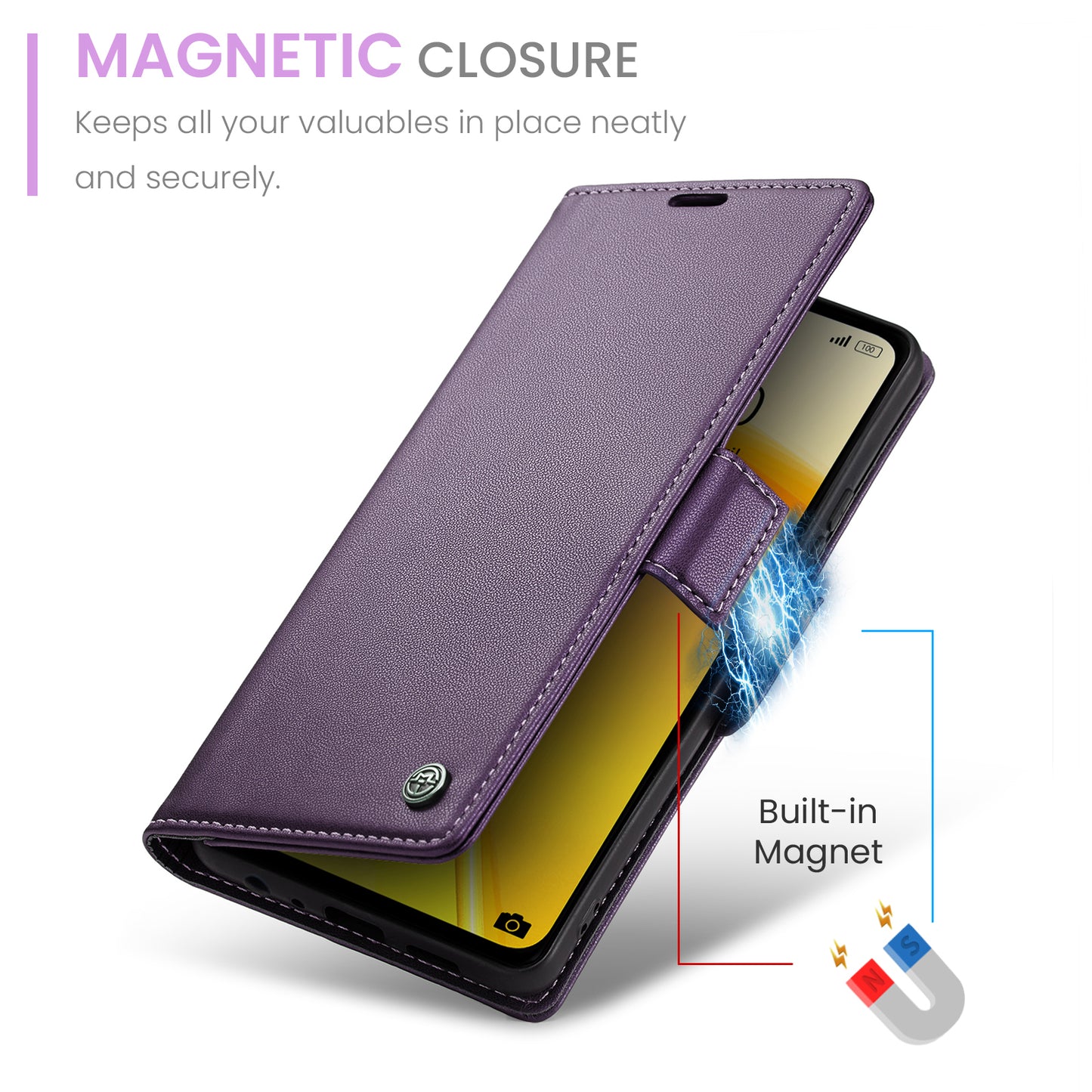 Caseme RFID Blocking Leather Case for Realme C55 , Wallet Stand Anti-drop Phone Cover - Purple