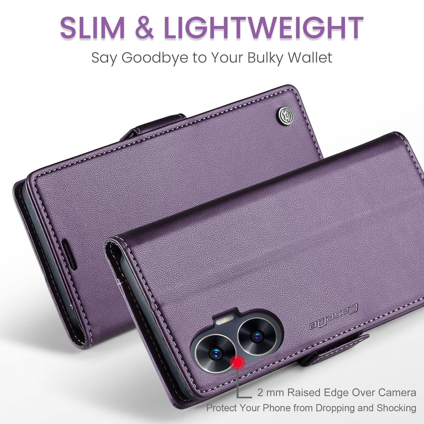 Caseme RFID Blocking Leather Case for Realme C55 , Wallet Stand Anti-drop Phone Cover - Purple