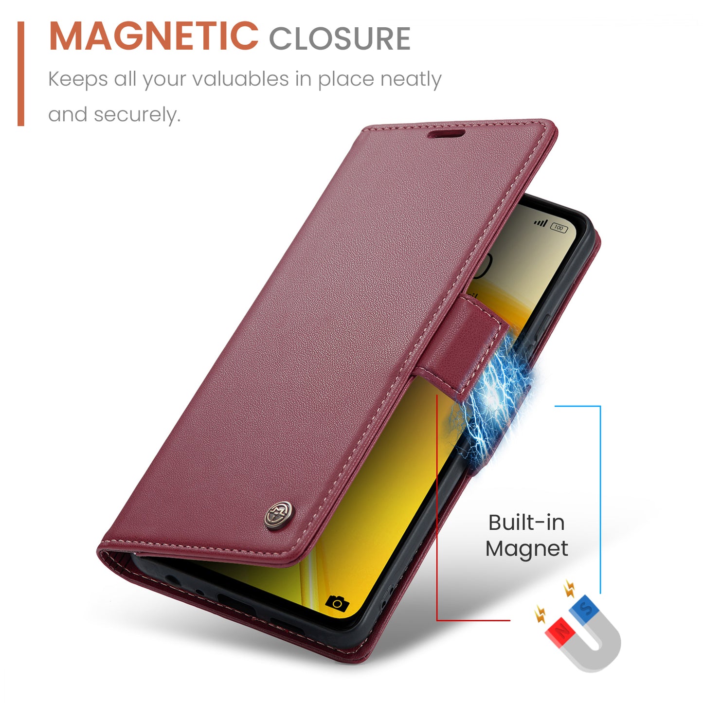 Caseme RFID Blocking Leather Case for Realme C55 , Wallet Stand Anti-drop Phone Cover - Red