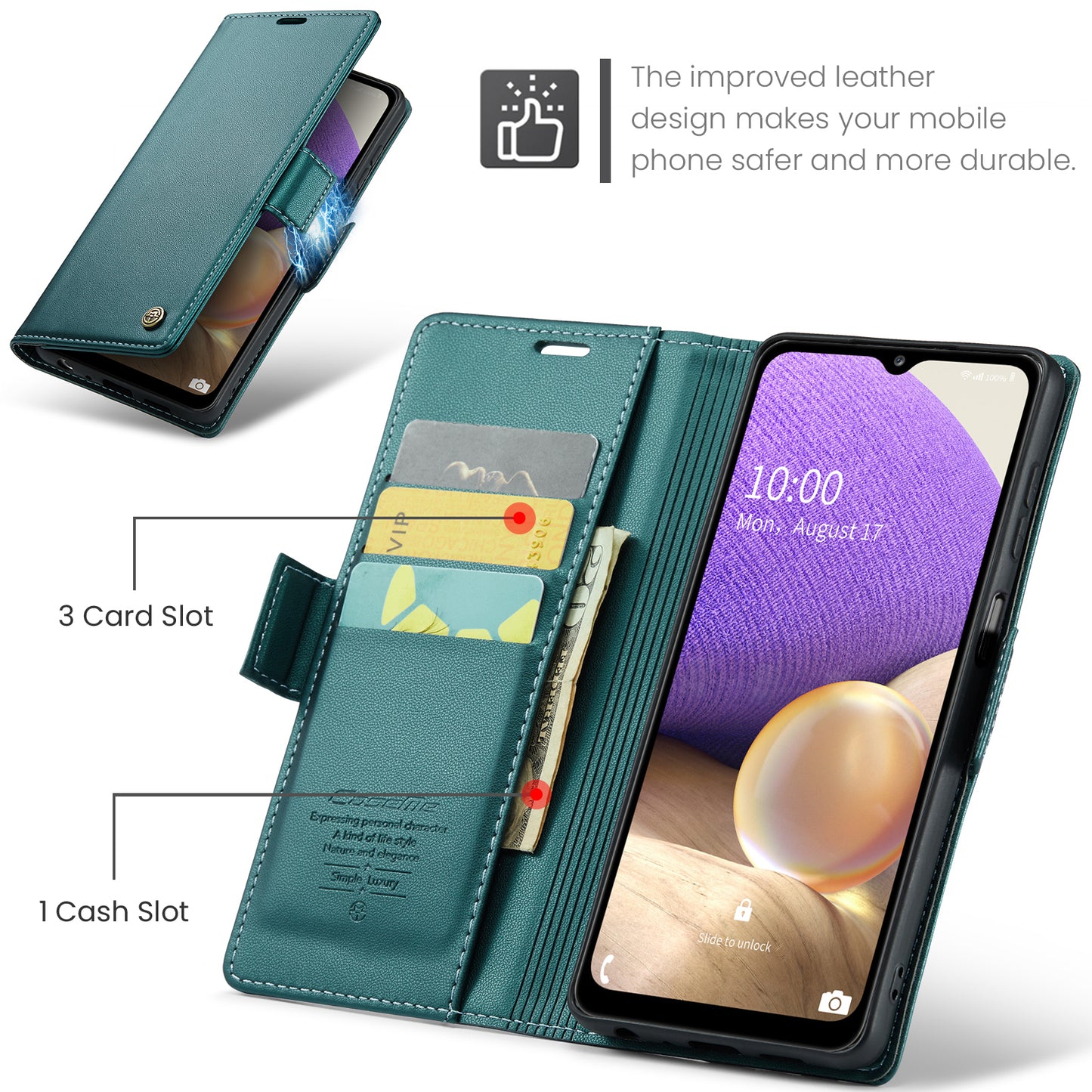 Caseme 023 Series For Samsung Galaxy A32 5G / M32 5G RFID Blocking Phone Wallet Case PU Leather Stand Phone Cover - Green