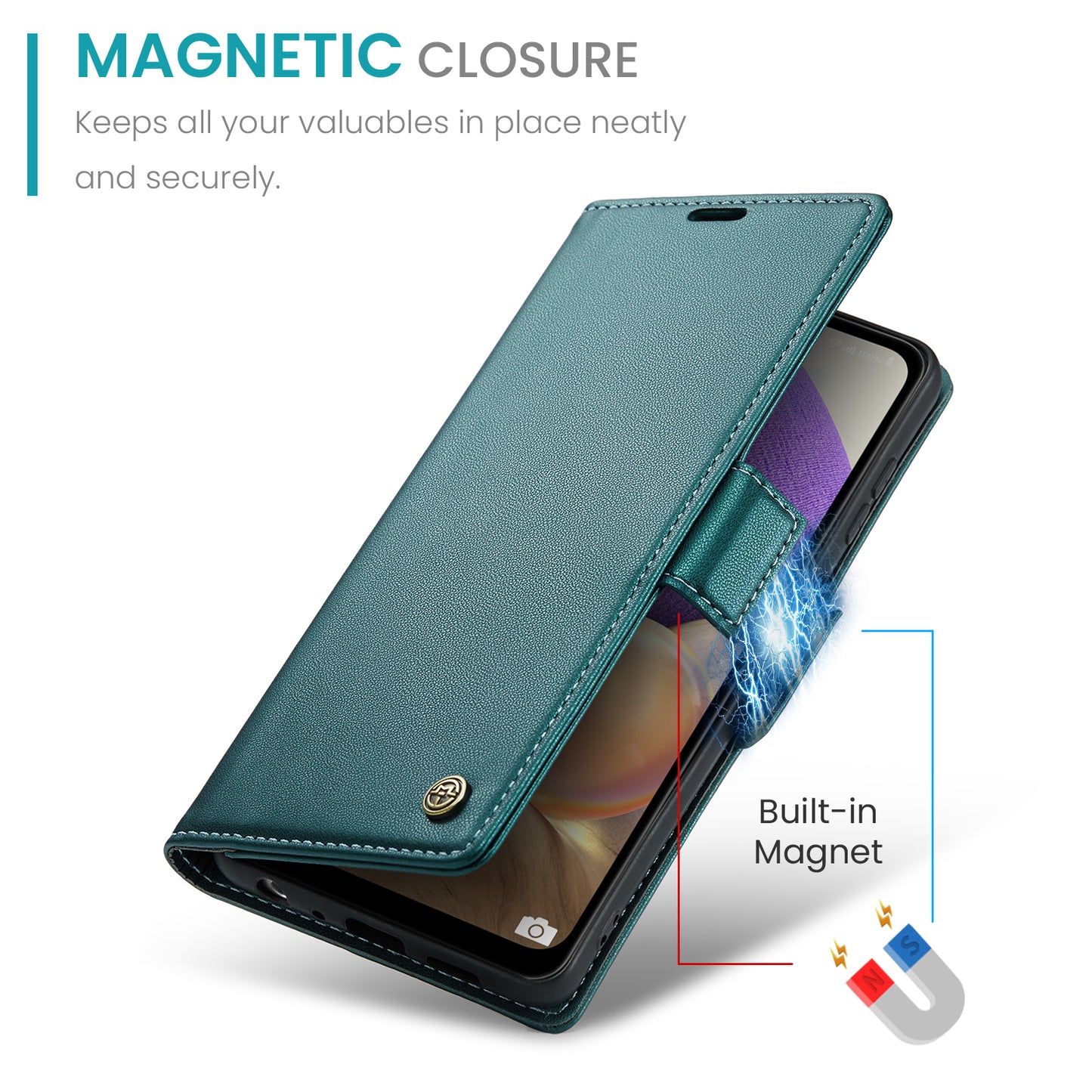 Caseme 023 Series For Samsung Galaxy A32 5G / M32 5G RFID Blocking Phone Wallet Case PU Leather Stand Phone Cover - Green