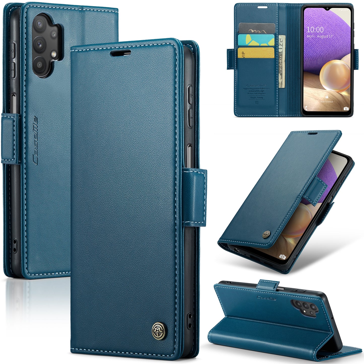 Caseme 023 Series For Samsung Galaxy A32 5G / M32 5G RFID Blocking Phone Wallet Case PU Leather Stand Phone Cover - Blue