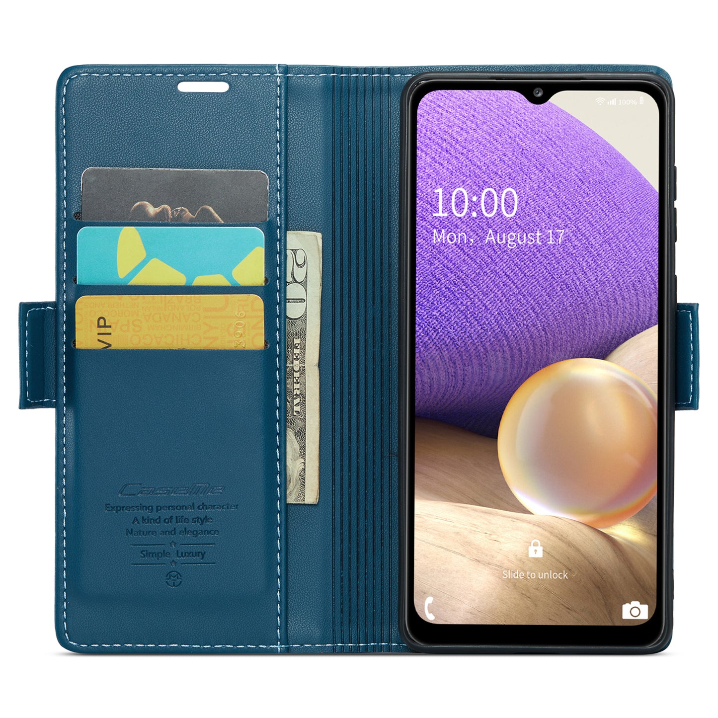 Caseme 023 Series For Samsung Galaxy A32 5G / M32 5G RFID Blocking Phone Wallet Case PU Leather Stand Phone Cover - Blue