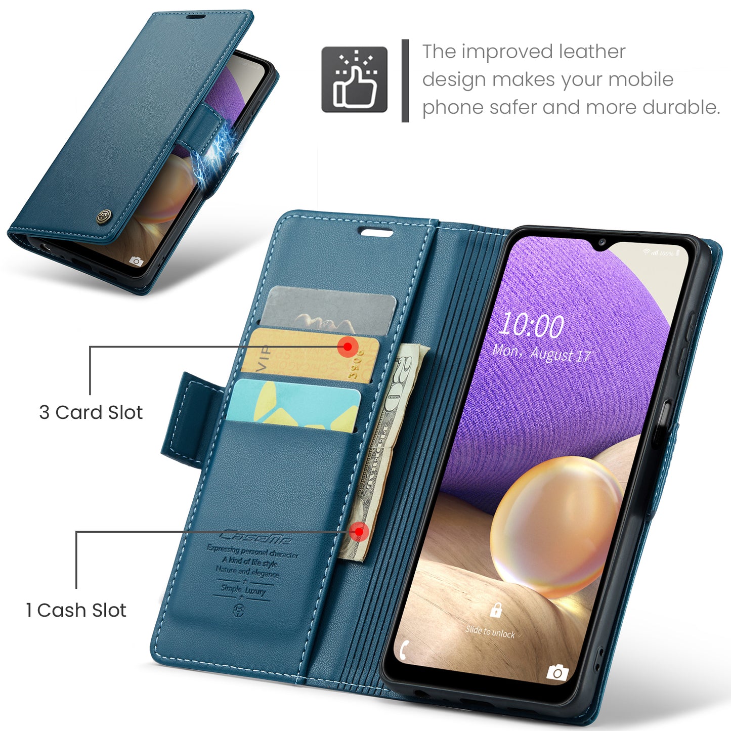 Caseme 023 Series For Samsung Galaxy A32 5G / M32 5G RFID Blocking Phone Wallet Case PU Leather Stand Phone Cover - Blue