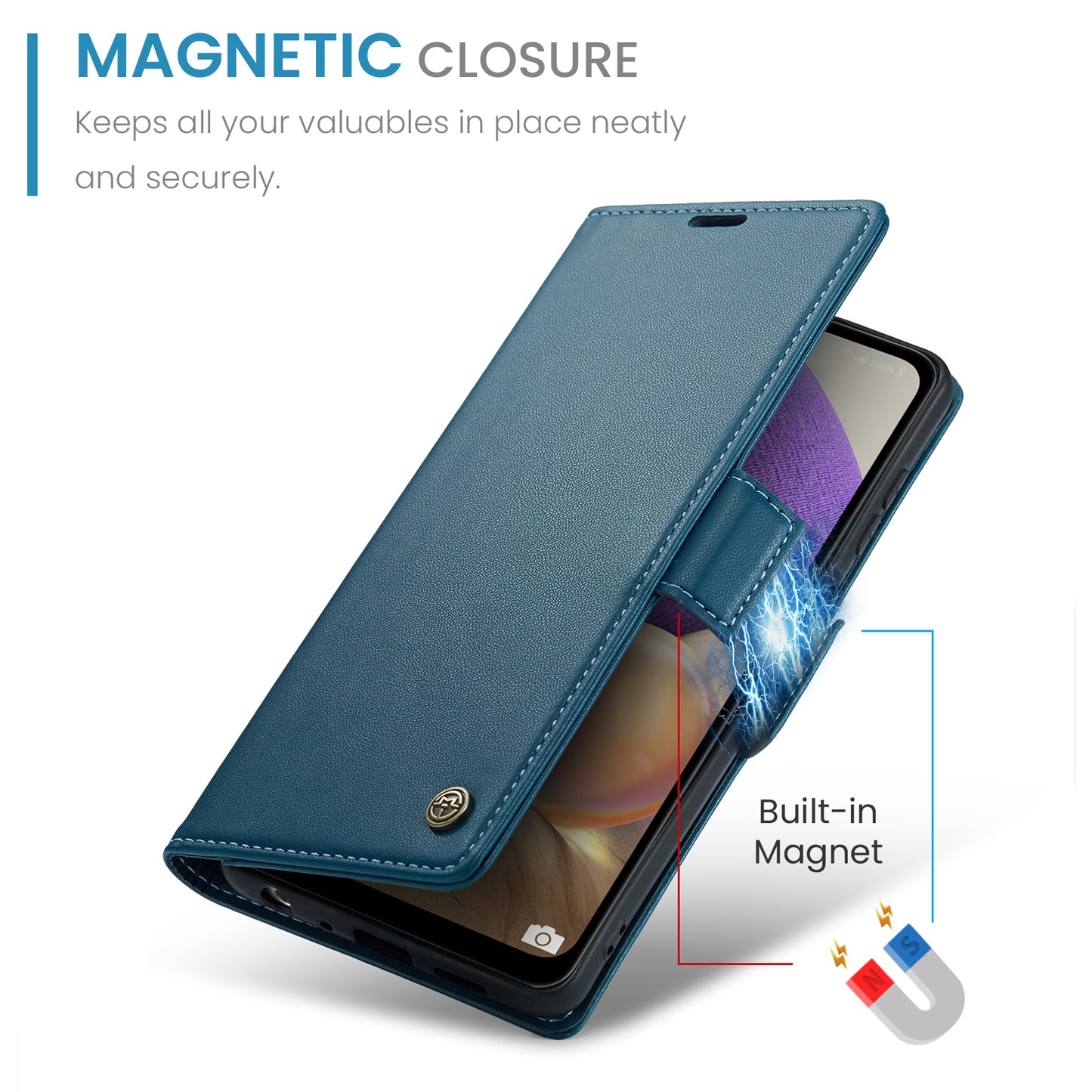 Caseme 023 Series For Samsung Galaxy A32 5G / M32 5G RFID Blocking Phone Wallet Case PU Leather Stand Phone Cover - Blue