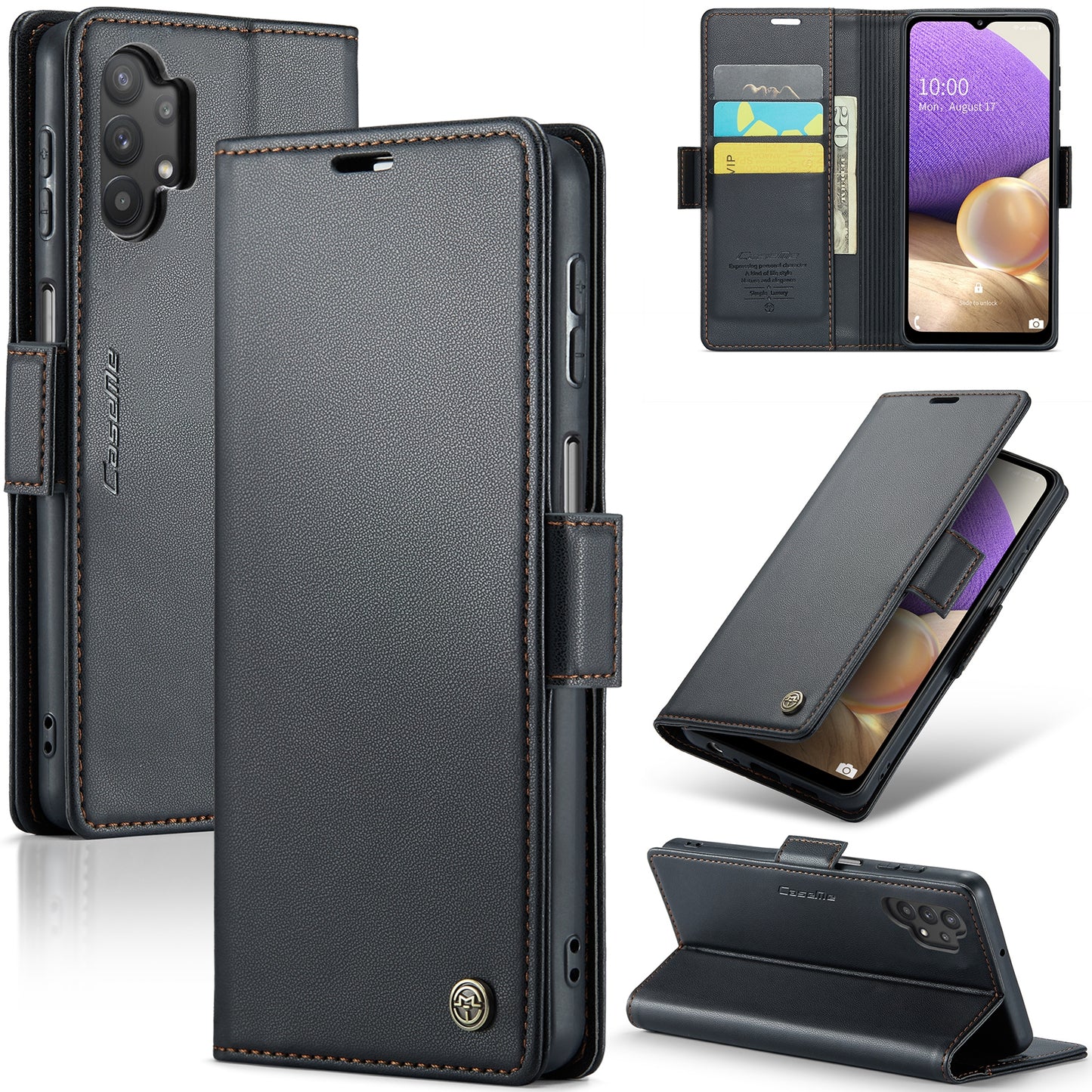 Caseme 023 Series For Samsung Galaxy A32 5G / M32 5G RFID Blocking Phone Wallet Case PU Leather Stand Phone Cover - Black