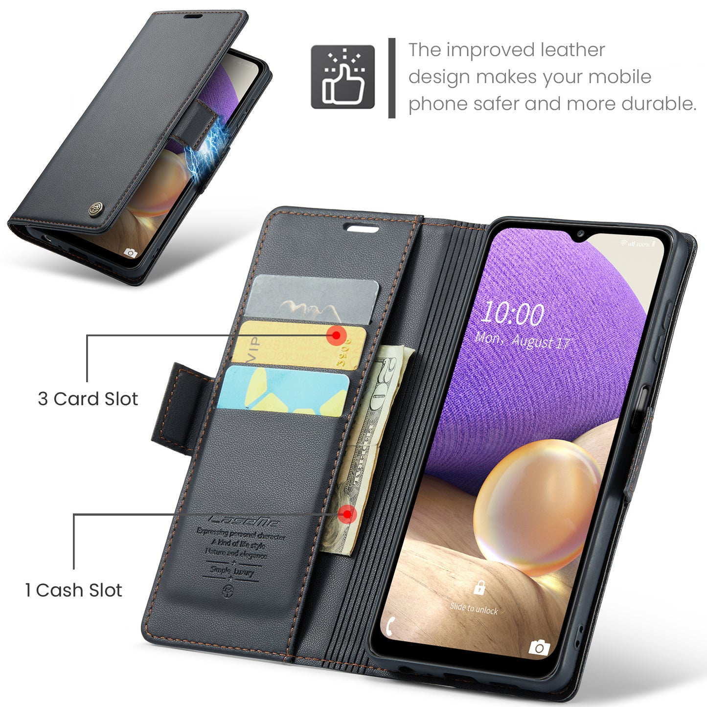 Caseme 023 Series For Samsung Galaxy A32 5G / M32 5G RFID Blocking Phone Wallet Case PU Leather Stand Phone Cover - Black