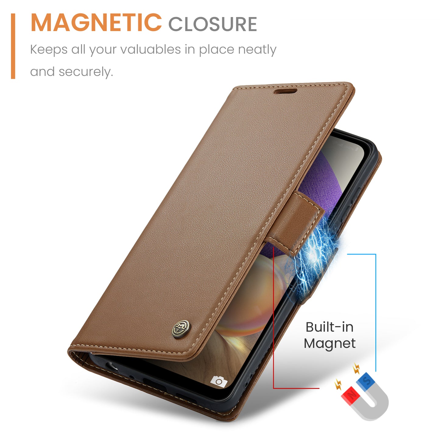 Caseme 023 Series For Samsung Galaxy A32 5G / M32 5G RFID Blocking Phone Wallet Case PU Leather Stand Phone Cover - Brown
