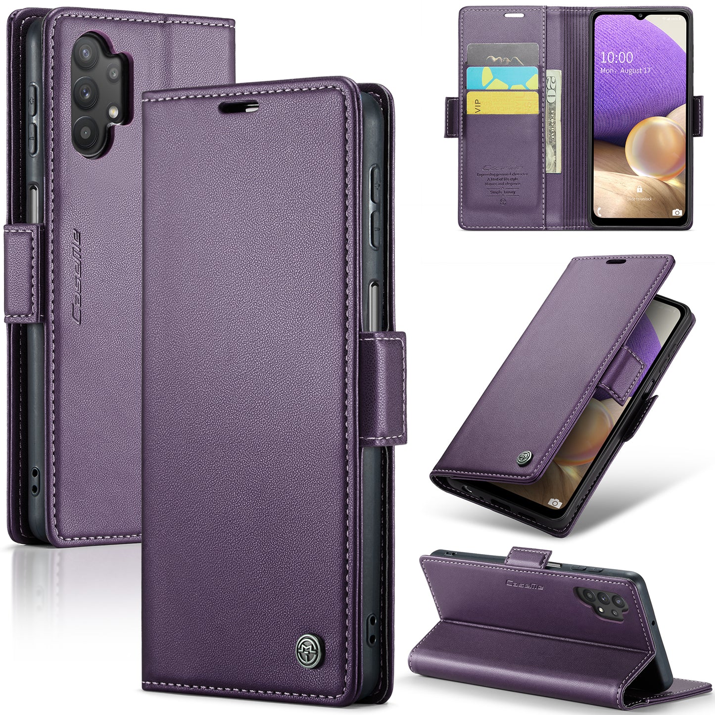 Caseme 023 Series For Samsung Galaxy A32 5G / M32 5G RFID Blocking Phone Wallet Case PU Leather Stand Phone Cover - Purple