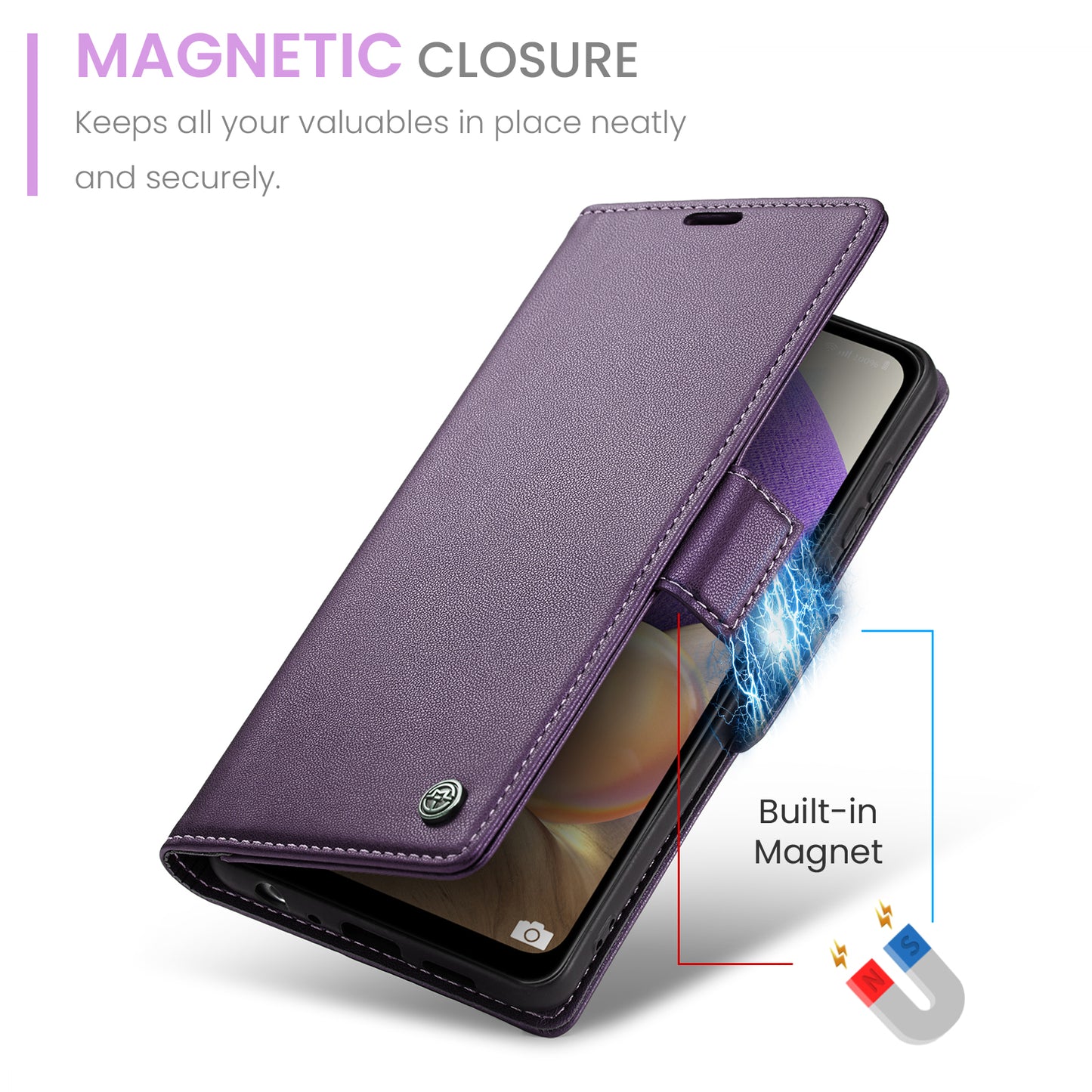 Caseme 023 Series For Samsung Galaxy A32 5G / M32 5G RFID Blocking Phone Wallet Case PU Leather Stand Phone Cover - Purple
