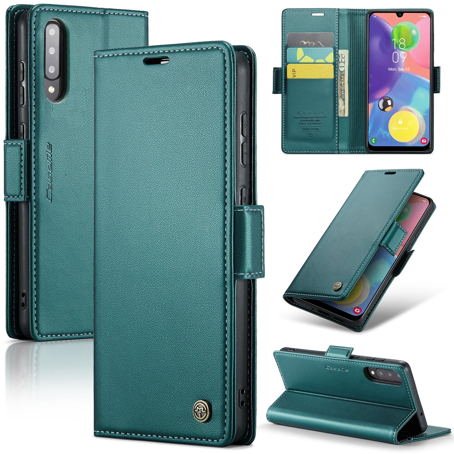 Caseme 023 Series For Samsung Galaxy A70 / A70s Wallet Stand Phone Leather Case RFID Blocking Phone Cover - Green
