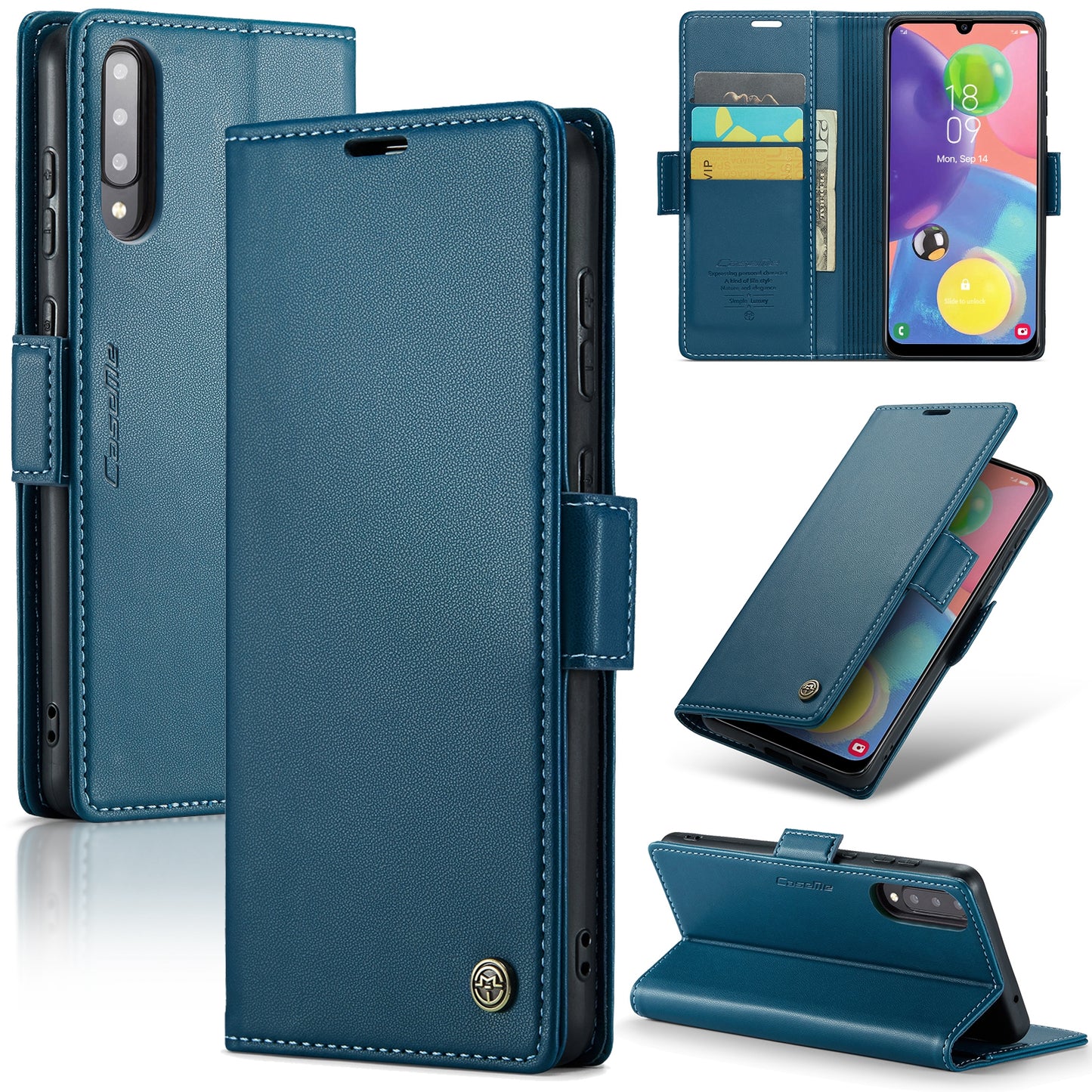 Caseme 023 Series For Samsung Galaxy A70 / A70s Wallet Stand Phone Leather Case RFID Blocking Phone Cover - Blue