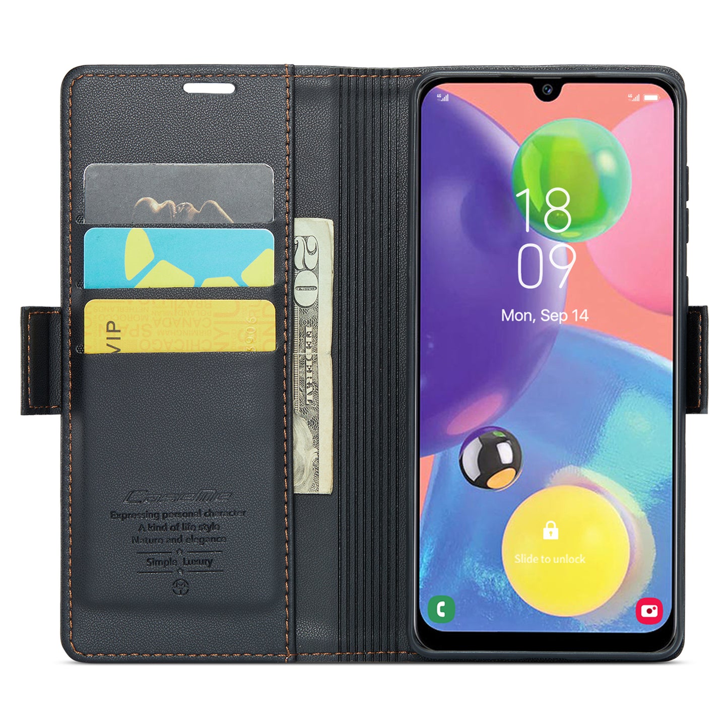 Caseme 023 Series For Samsung Galaxy A70 / A70s Wallet Stand Phone Leather Case RFID Blocking Phone Cover - Black