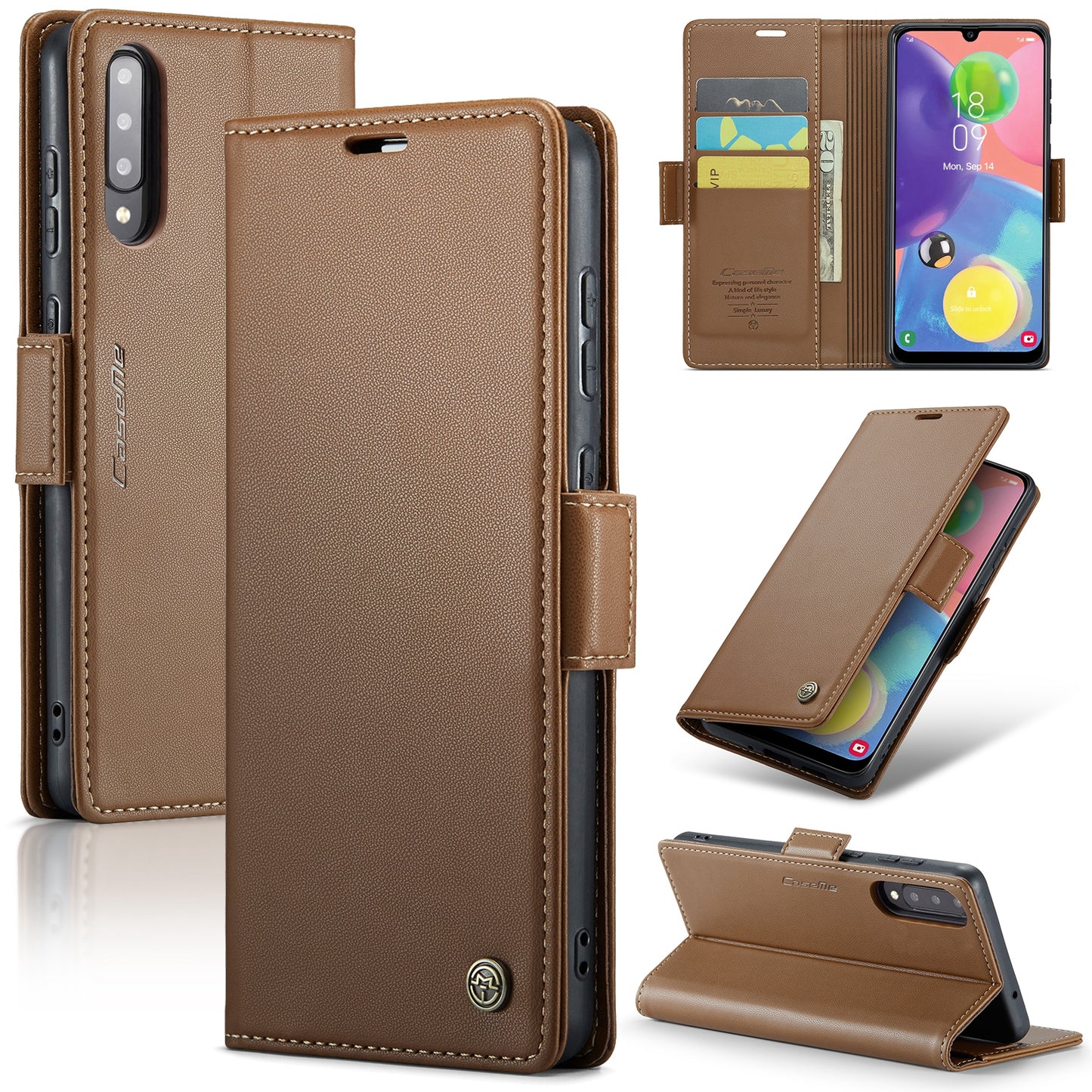 Caseme 023 Series For Samsung Galaxy A70 / A70s Wallet Stand Phone Leather Case RFID Blocking Phone Cover - Brown