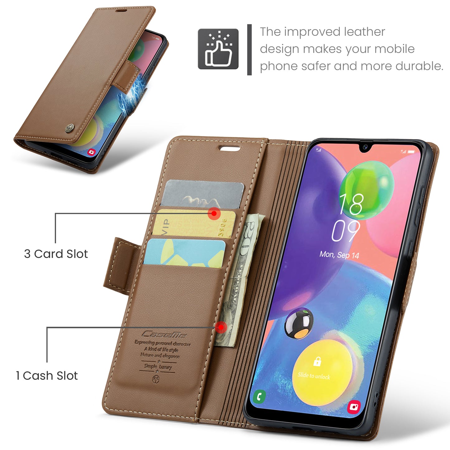 Caseme 023 Series For Samsung Galaxy A70 / A70s Wallet Stand Phone Leather Case RFID Blocking Phone Cover - Brown