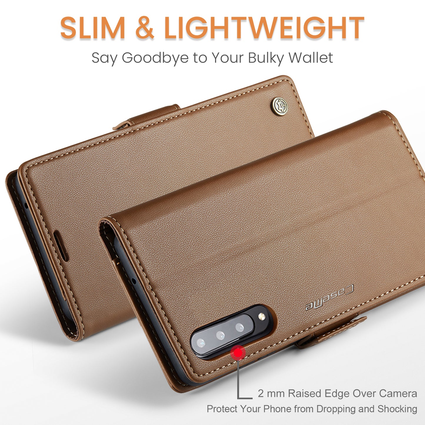 Caseme 023 Series For Samsung Galaxy A70 / A70s Wallet Stand Phone Leather Case RFID Blocking Phone Cover - Brown