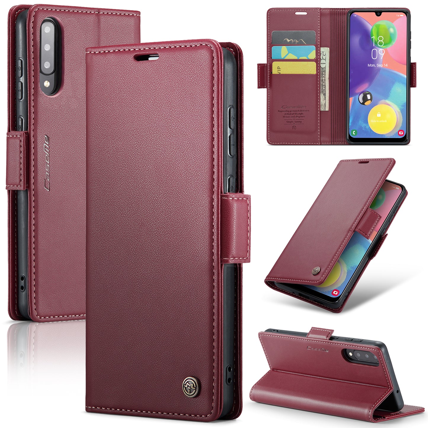 Caseme 023 Series For Samsung Galaxy A70 / A70s Wallet Stand Phone Leather Case RFID Blocking Phone Cover - Red