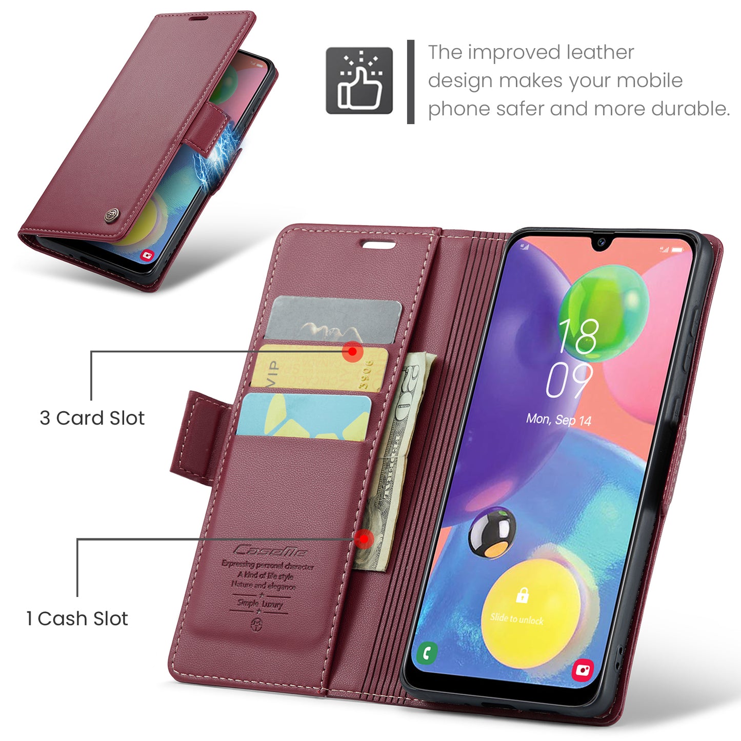 Caseme 023 Series For Samsung Galaxy A70 / A70s Wallet Stand Phone Leather Case RFID Blocking Phone Cover - Red