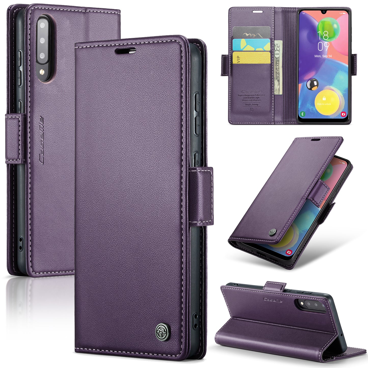 Caseme 023 Series For Samsung Galaxy A70 / A70s Wallet Stand Phone Leather Case RFID Blocking Phone Cover - Purple