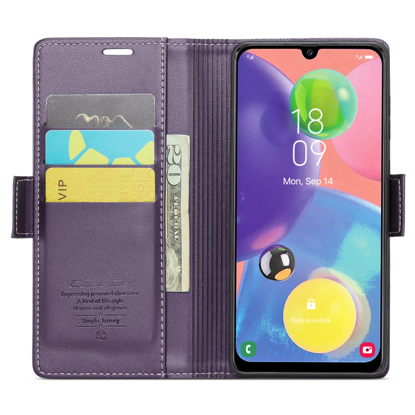 Caseme 023 Series For Samsung Galaxy A70 / A70s Wallet Stand Phone Leather Case RFID Blocking Phone Cover - Purple